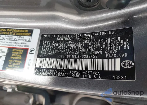 2017 Toyota Camry Le from USA, damaged, VIN 4T1BF1FK3HU399458